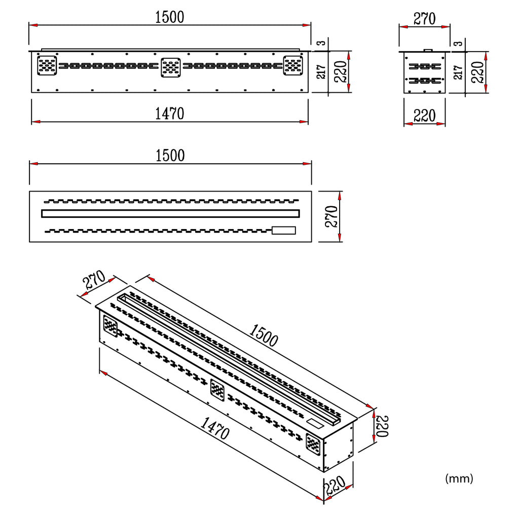 Caminetto EGA 150 Cheminée à vapeur d'eau 150cm - les dimensions
