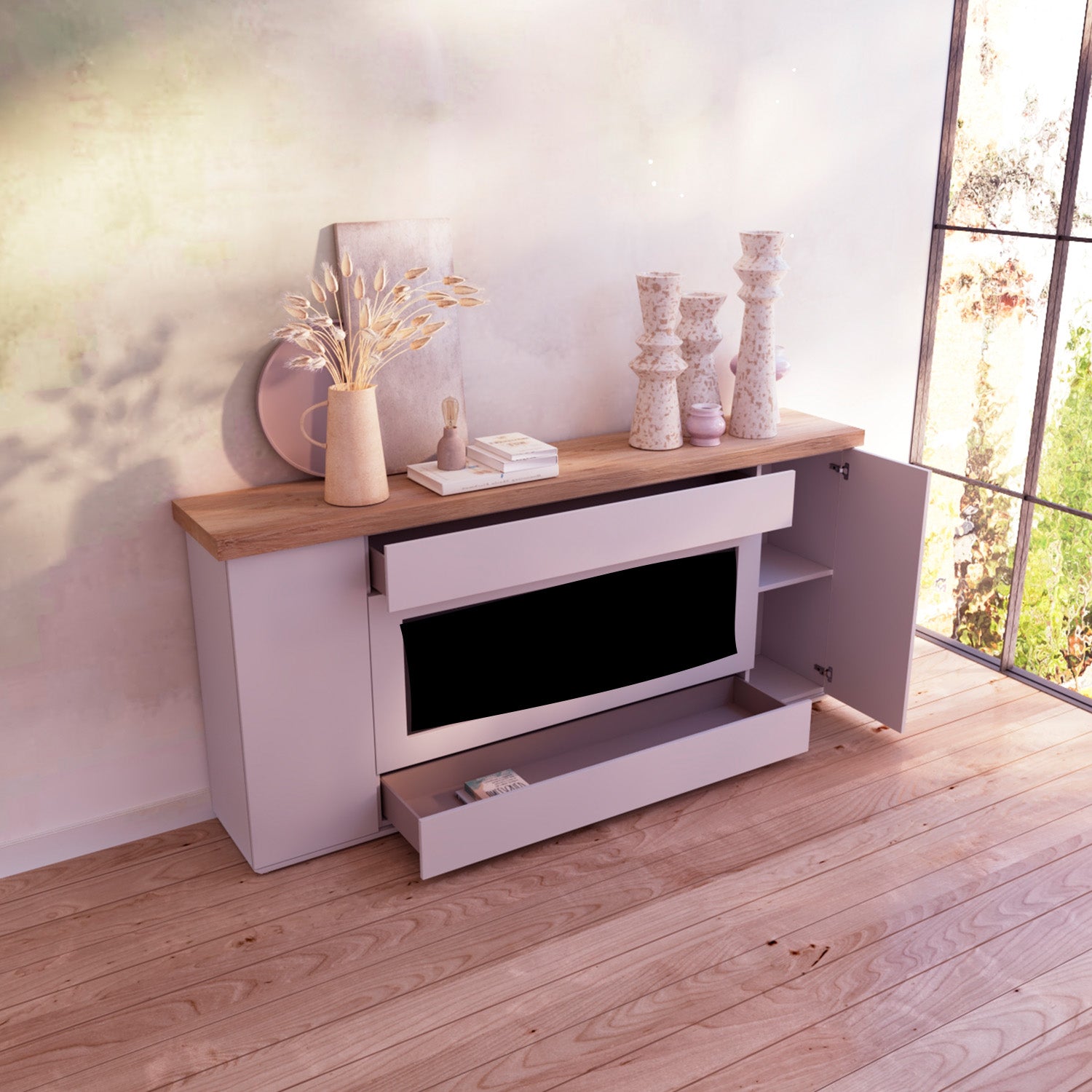 Mobile su misura per camino elettrico grigio chiaro